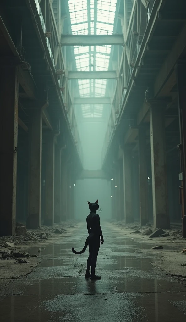 Whiskers standing alone in the vast, empty factory, his small figure dwarfed by the towering machinery, symbolizing his silent struggle and perseverance.
