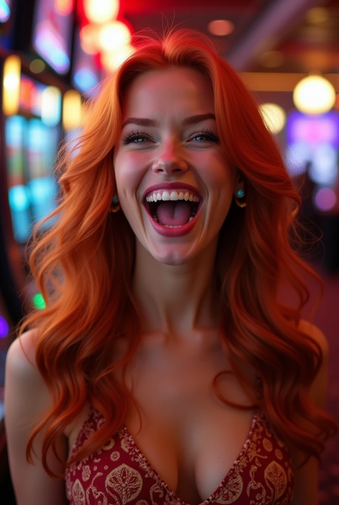 Red-haired beautiful girl, won in the casino, in slot machines, happy, smiling, happy.