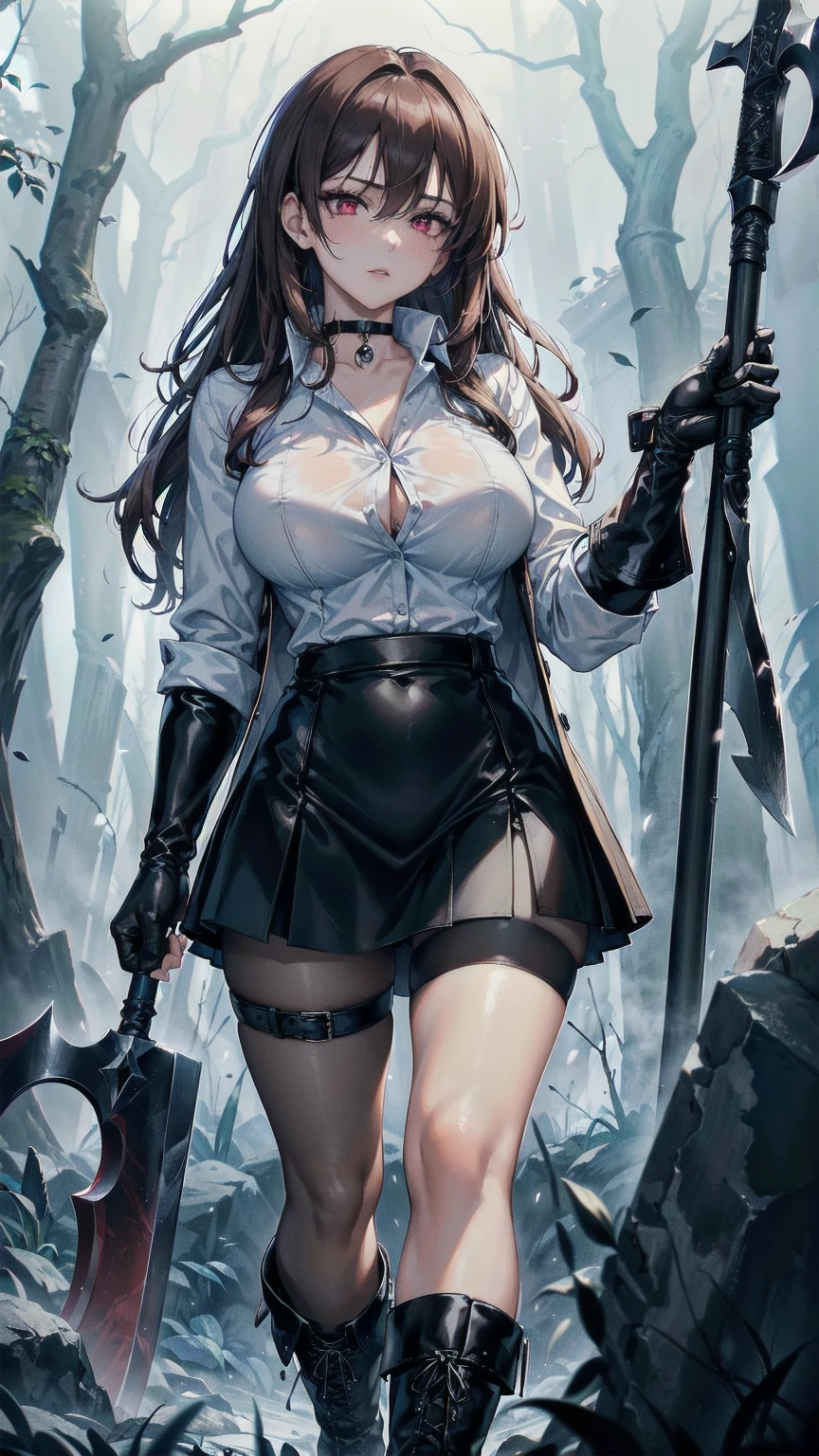 masterpiece, Superior image quality, High resolution, 4k image,Photo and gross, photorealistic, ung girl of 20 years old, standing, {Alone},{{{vagina}}}, big breasts, beautiful face, long dark brown wavy hair, scarlet red eyes, very detailed eyes, Expression of seriousness, choker:1.6, (white collar button down shirt white long sleeve), black gloves, gloves covering the hands, (holding an axe in his right hand), (black shiny black miniskirt), (black leather boots), sensual lips , show details in the eyes, view from front, Dark forest, at night, atmosphere, fog
