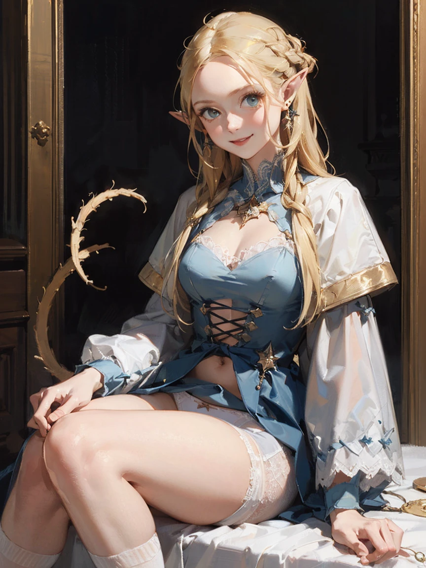 Gothic fashion woman,(masterpiece, Highest quality) detailed,Silver Accessories , blonde ,Pointy Ears ,(Lace Underwear),Double Tail,Waist-length hair,smile,White lace socks,Rococo、Gorgeous dress