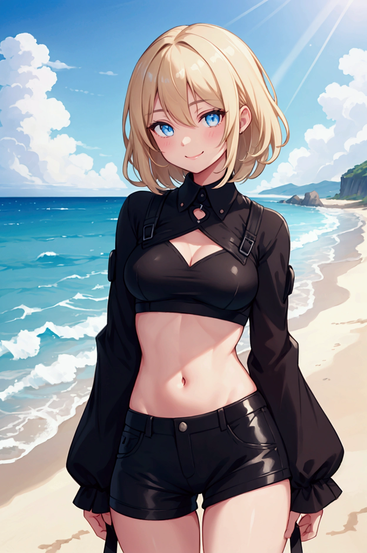 ultra-detailed:1.3), (illustration:1.2), (black color hair, beautiful detailed eyes)1.1, (high resolution), (solo), (1 girl), thighs , smile face , black short hair, intake, (solid shirt)1.0, hot pants,NSFW,midriff peek fluffy hair, blond eyes, private style, beachside background, blue sky, standing