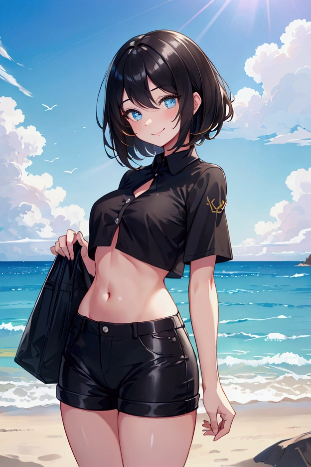 ultra-detailed:1.3), (illustration:1.2), (black color hair, beautiful detailed eyes)1.1, (high resolution), (solo), (1 girl), thighs , smile face , black short hair, intake, (solid shirt)1.0, hot pants,NSFW,midriff peek fluffy hair, blond eyes, private style, beachside background, blue sky, standing