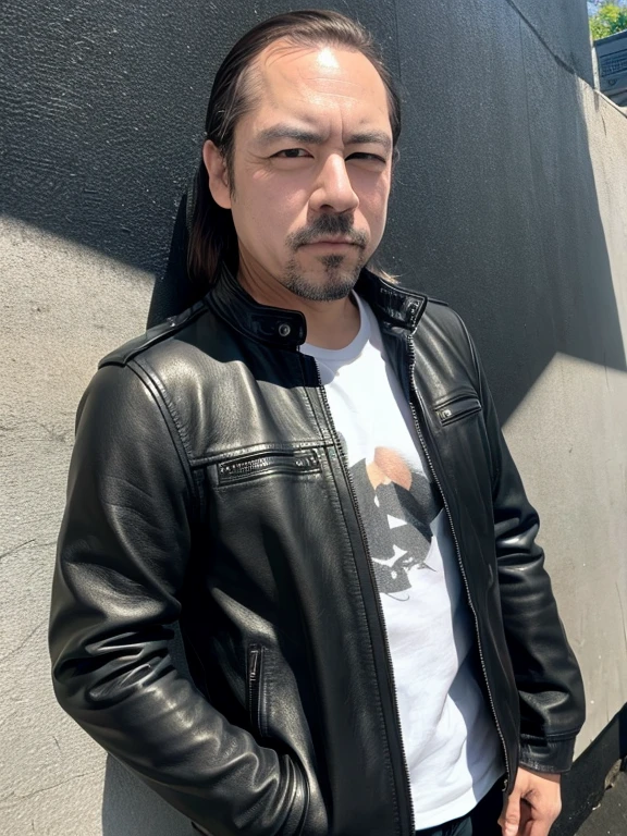 Graffiti wall、Black Leather Jacket、Thinning hair, Natural light, male, middle aged, 