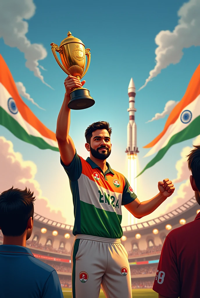 Indian independence day 2024 with Rohit sharma holding world cup 2024, chandrayan 3 and ram mandir.  Added on Indian national flag