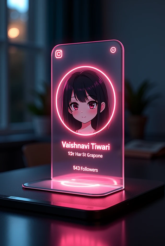 Create a Instagram profile on glass I'd card on a black desk displaying Instagram logo and realistic photo of a 18 years cute anime girl in circle and " Vaishnavi Tiwari " is written in bold fonts under the profile photo and 543 Followers written, the Instagram card glowing in pink and black colour on the edge , One corner is held with two fingers