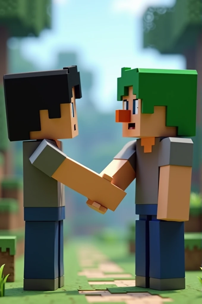 in a gray shirt with short black hair shaking hands with a green-haired man with a vilger nose in minecraft