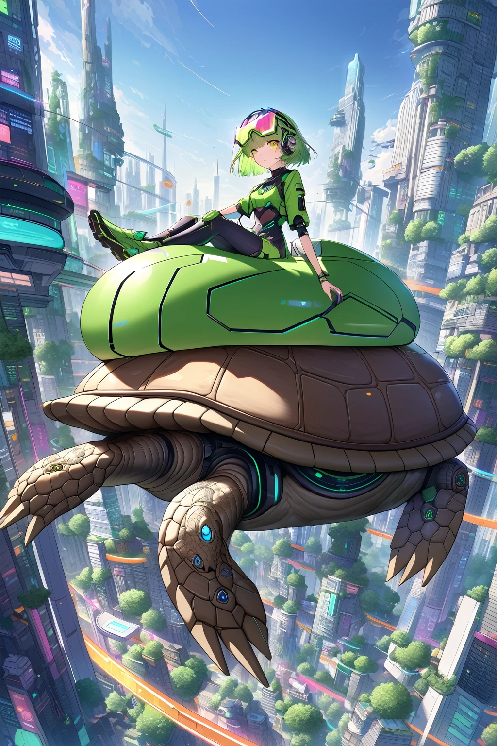 (extremely detailed fine touch:1.3), (((Futuristic eyewear:1.3))), (wear headphones:1.0), green short hair, blunt bangs, beautiful android girl, solo, full body, riding (tortoise:1.3), Futuristic city, single Skyscraper