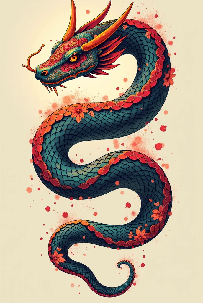 A hebi snake with color harmony in tattoo style