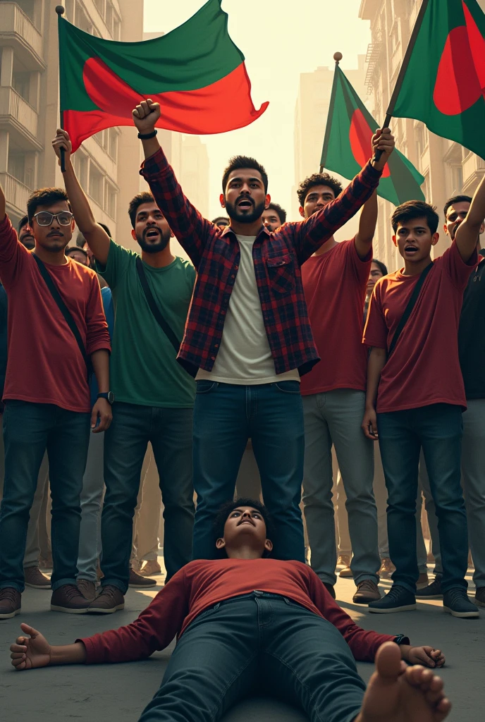 A powerful and emotionally charged scene depicting the Quota Reform Movement in Bangladesh. The image captures a group of students protesting in a crowded urban setting, with banners and placards demanding equality. In the background, there is visible tension between the students and law enforcement. In one corner, a fallen student lies on the ground, symbolizing the tragic loss of life during the protests. The students’ faces show a mix of anger, determination, and grief. The overall atmosphere is intense and somber, reflecting the gravity of the situation and the deep societal divide over the quota system.