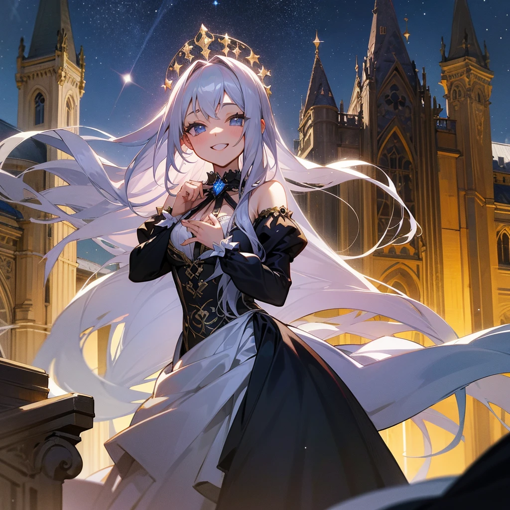 Sparkling starry sky Long silver hair girl Overflowing Chest Gothic Clothing A smile with double teeth Revealing clothing Baroque style streetscape