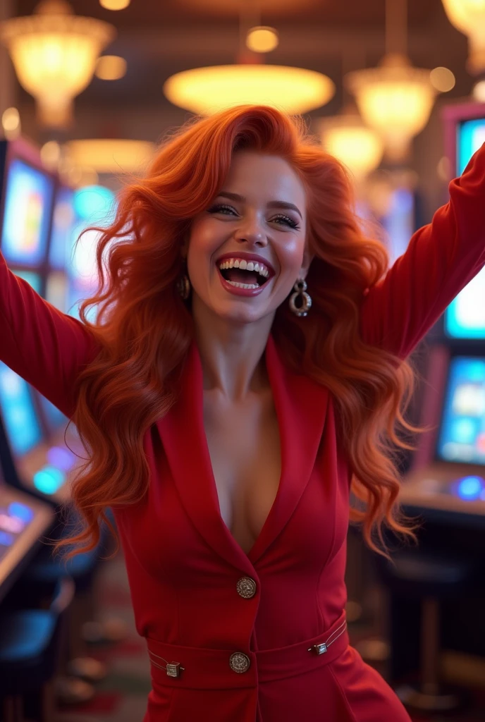Red-haired beautiful girl, won in the casino, in slot machines, happy, smiling, happy.