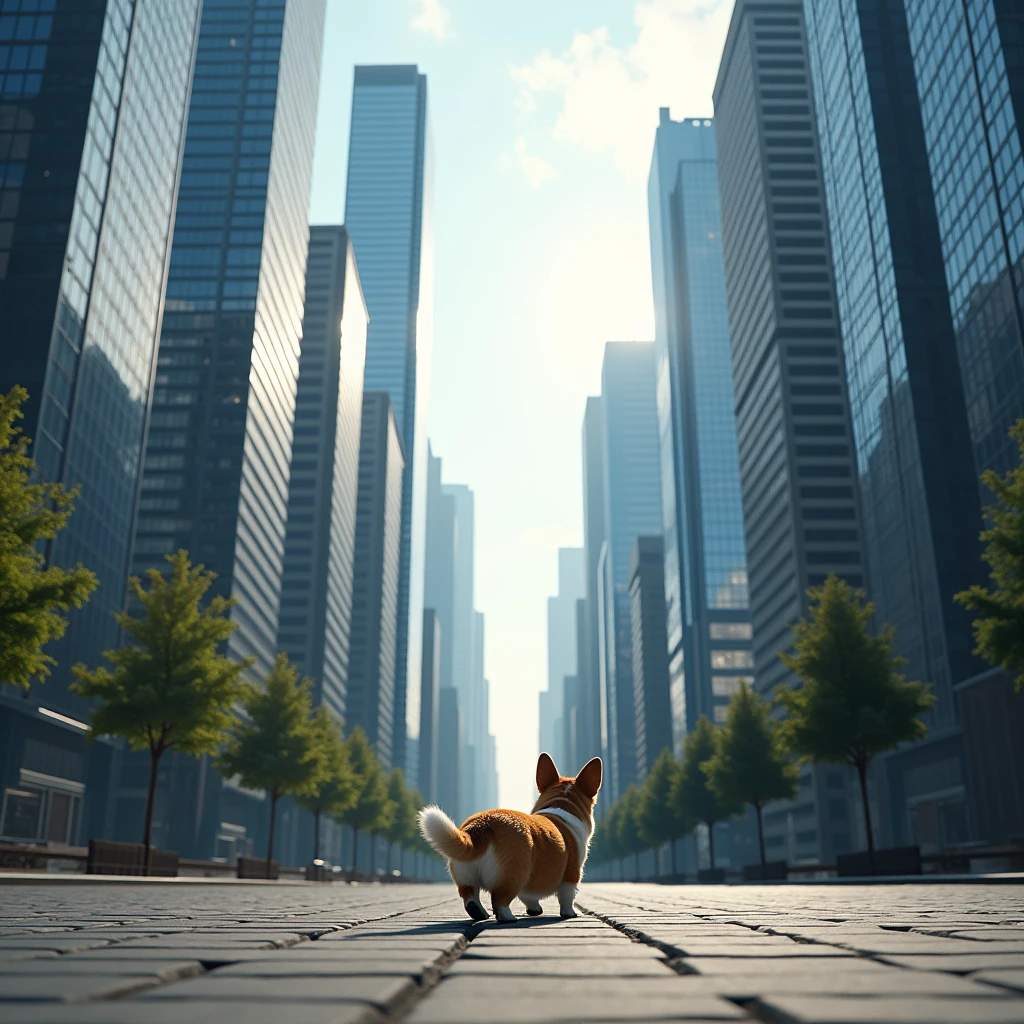 realistic photograph of a street of skyscraper buildings of a modern city, where you can see a little Corgi dog walking on the sidewalk, in front of all the skyscrapers, the image shows the contrast between the little animal and the immensity of the buildings. landscape view, top angle view, 