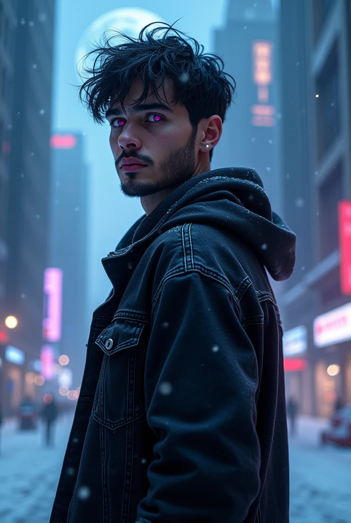 (Realistic) (Serious expression) (Pose with back to image, looking back) 1 young adult man with bright purple eyes, broad shoulders, messy black hair parted in the middle and short beard. Wearing an open black denim jacket, a black shirt underneath. In a futuristic city at night with heavy snowfall and blue moonlight.