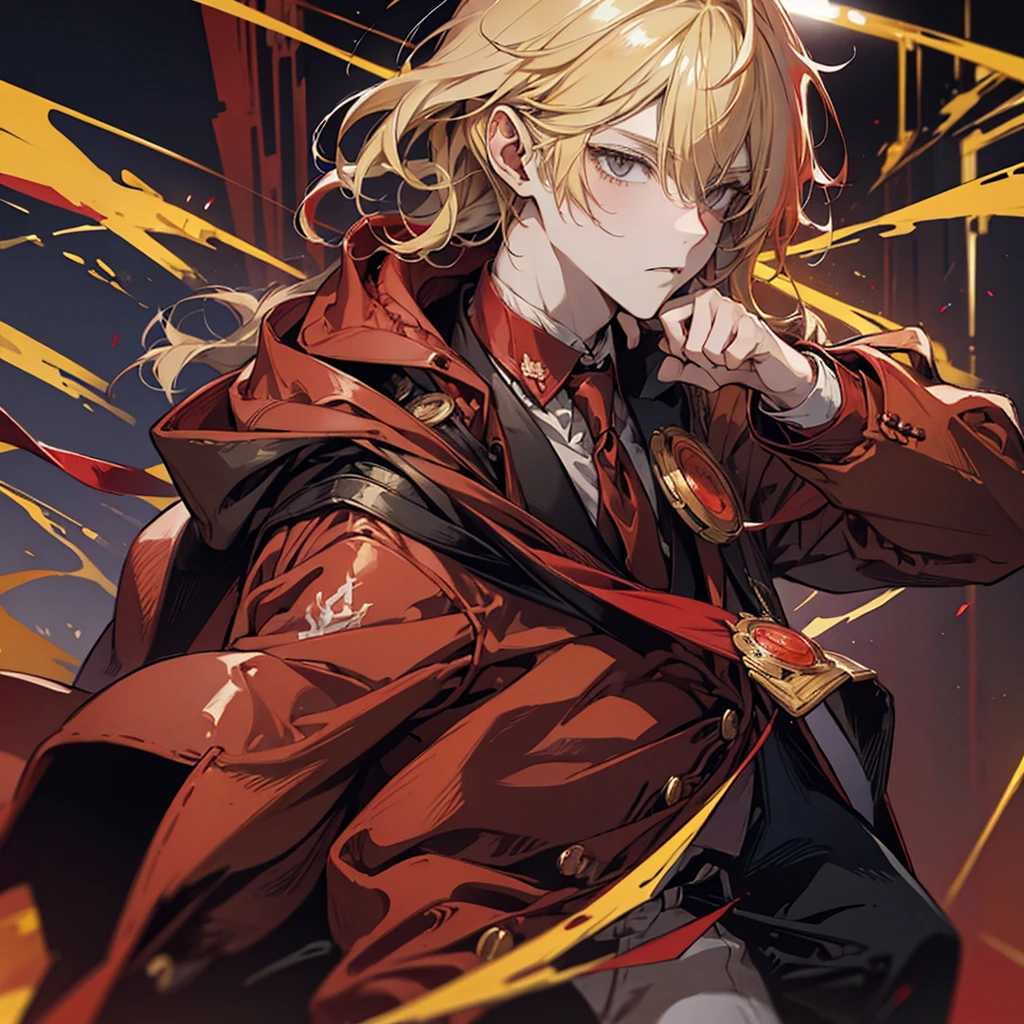 Man, red hoodie, tuxedo under hoodie, tie, blonde, cool, handsome, facing forward, red sunglasses, blonde