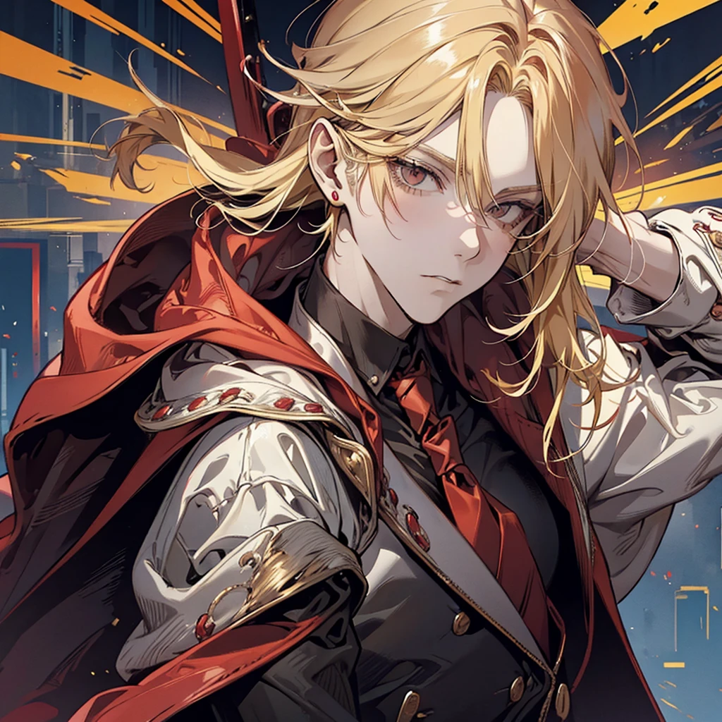 Man, red hoodie, tuxedo under hoodie, tie, blonde, cool, handsome, facing forward, red sunglasses, blonde
