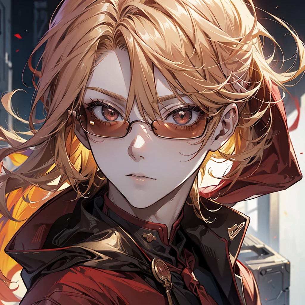 Man, red hoodie, tuxedo under hoodie, tie, blonde, cool, handsome, facing forward, red sunglasses, blonde