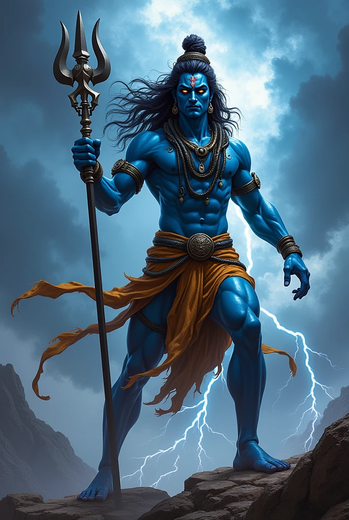 Create a detailed image of Lord Shiva in an intense and aggressive stance, with eyes glowing fiercely. His long, flowing hair is wild, and he is adorned with serpents, rudraksha beads, and ash smeared across his blue skin. He holds a massive trishul (trident) in one hand, its sharp points gleaming, while the other hand is raised in a powerful gesture. The background is a stormy sky, with lightning striking and dark clouds swirling, emphasizing the raw, divine energy radiating from him. His tiger-skin garment flows in the wind, adding to the dynamic and powerful presence.