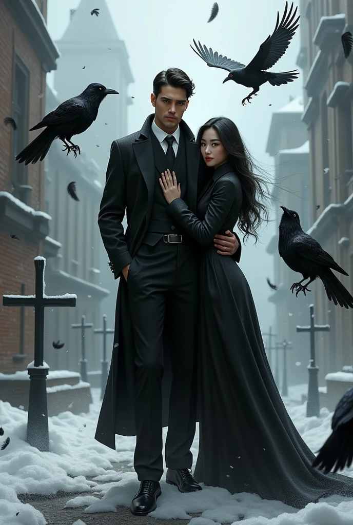 Handsome guy, in black clothes. Wide, black pants, and a long, black coat. Even and beautiful facial features, as well as dark hair. Everything is done in realism, more reality and the guy himself is real. it is winter, he is wearing a slightly warm coat. also, there are a lot of crows and snow, blockages, crosses everywhere. he stands in a beautiful pose, there is smoke everywhere. closer to the screen, black feathers of crows. crows fly more iron crosses and the guy is closer to the screen. next to him is a girl, beautiful, with black hair and also wearing a coat. a girl of Asian appearance a guy hugs a girl around the waist