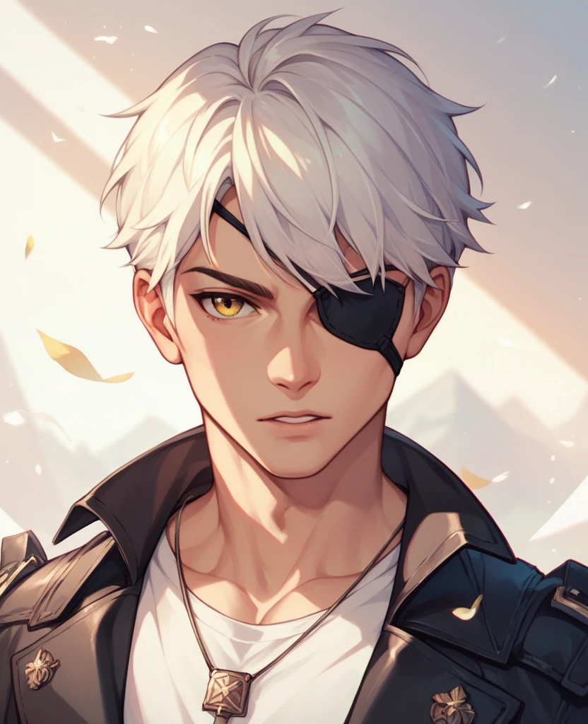 Human Male Assassin , white hair ,yellow eye ,eye patch, white shirt 