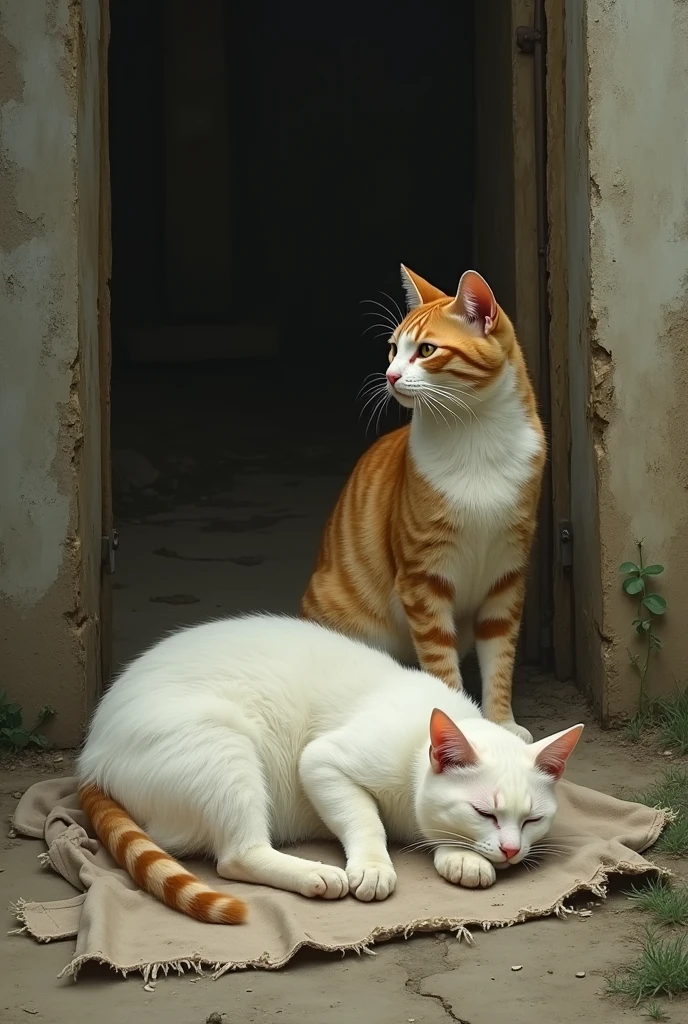 The white cat is lying on the ground in a torn cloth. The he cat is standing next to it