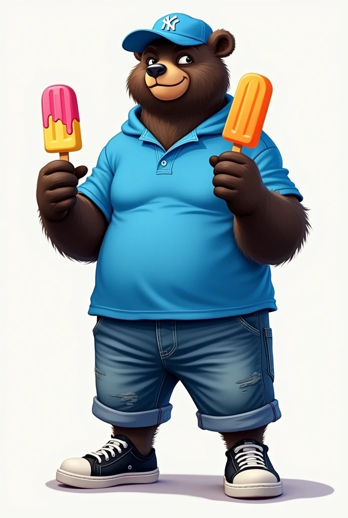 Black Frontino Bear wearing a blue sports shirt, jeans, black shoes and blue cap with popsicle ice cream in each hand



