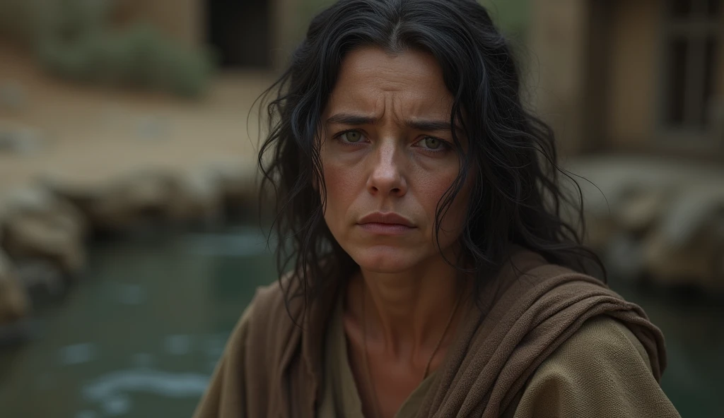 (best quality: 1.4), (Ultra Highres: 1.2), (photorealistic: 1.4), (8k, RAW photo: 1.2). The description of the Samaritan woman's physical appearance is not detailed in the biblical narrative, but her Samaritan origin suggests that she likely had similar characteristics to other people in the region. Without historical-cultural context, the story of the Samaritan woman. distressed and worried