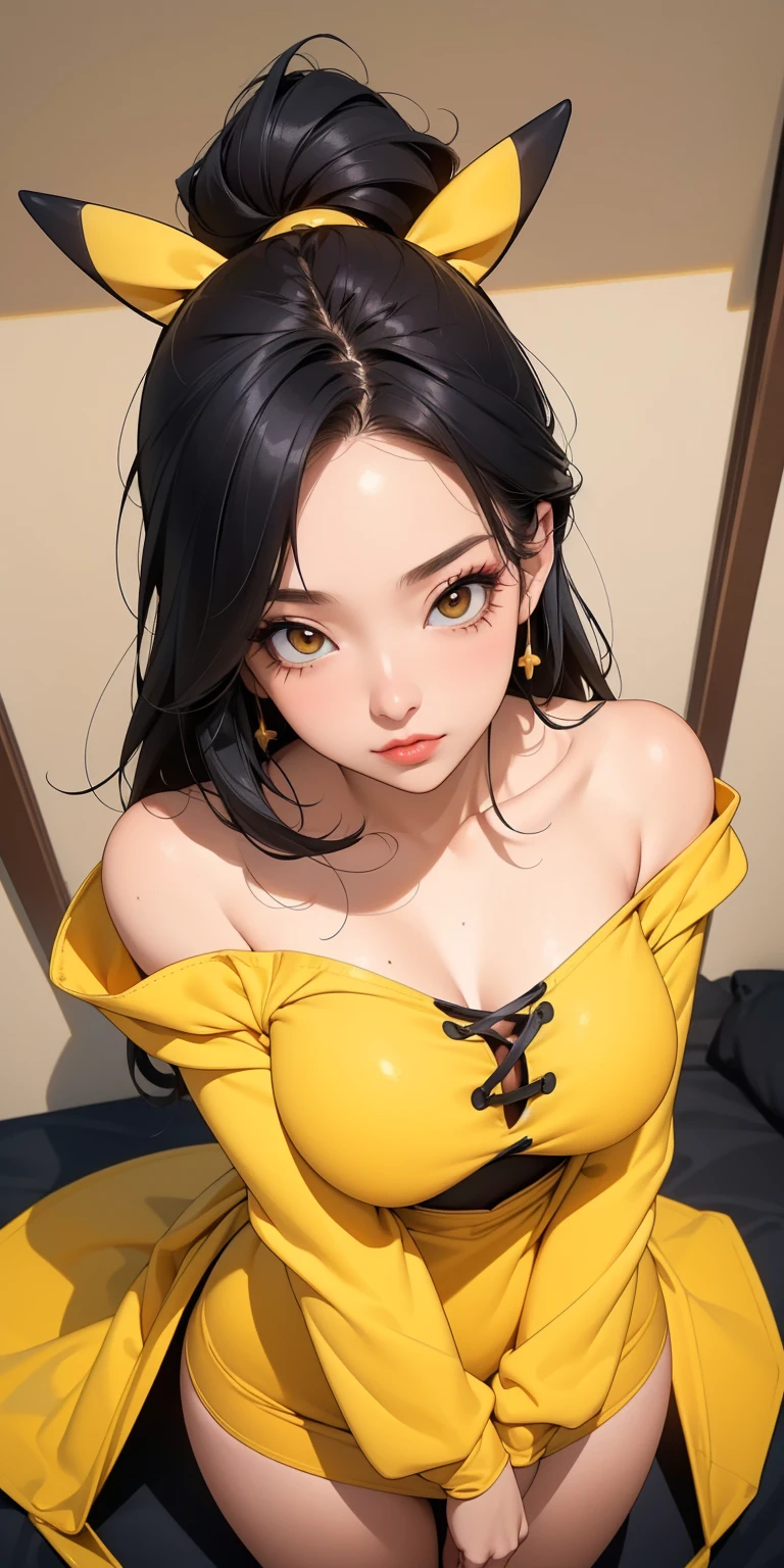 ((high detailed, best quality, 4k, masterpiece, hd:1.3)), ((best quality)), (((HD))), (((8k))), (ultraDH), (ultra HD), araffe in a yellow costume with a hoodie on, long black scene emo hair, anime girl cosplay, 🐿🍸🍋, anime cosplay, anime girl in real life, full-cosplay, Julzzess, ig model | JULES, better known as Julzzess, professional cosplay, cosplay, pikachu as a human, (breast focus), (arms outstreched:1.2), (from above:1.3), (breasts out:1.3), (off shoulder:1.1), (goth makeup), (perfect hands, perfect anatomy)