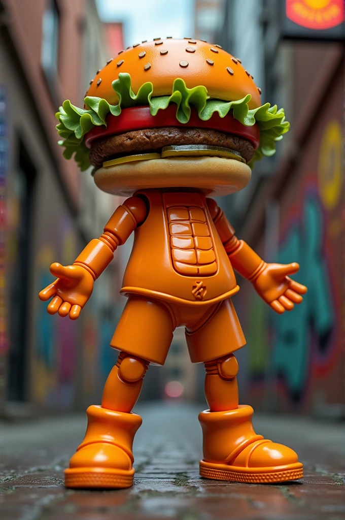 Design a doll with the ingredients of a hamburger, with urban style and orange color