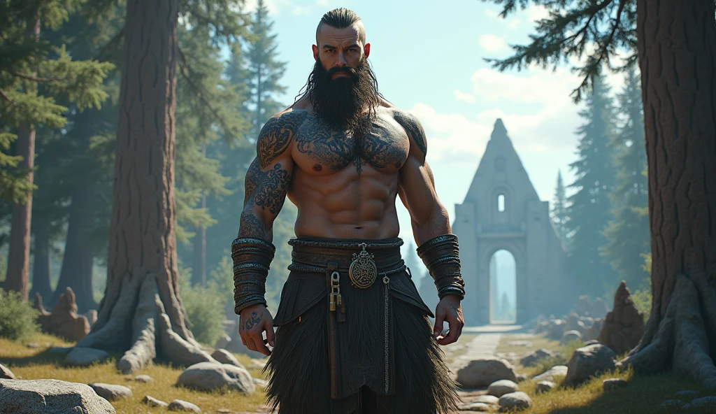 the best quality, very high resolution, detailed 4K CG, Masterpiece artwork, augur, Nordic Deuses, handsome man, rune tattoos, viking, neve, tall trees, blue sky, Norse mythology, viking rune tattoo, beautiful aesthetic, Beautiful picture, There are beautiful ancient ruins in the back
