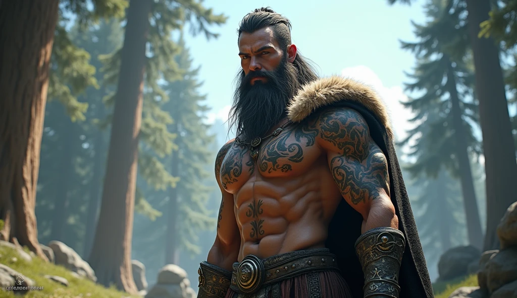 the best quality, very high resolution, detailed 4K CG, Masterpiece artwork, augur, Nordic Deuses, handsome man, rune tattoos, viking, neve, tall trees, blue sky, Norse mythology, viking rune tattoo, beautiful aesthetic, Beautiful picture, There are beautiful ancient ruins in the back