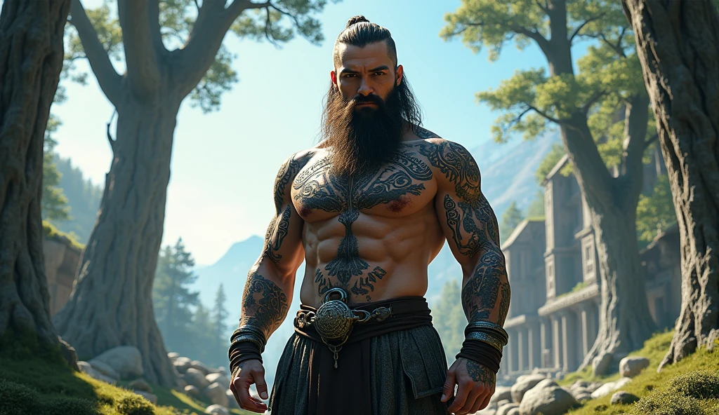 the best quality, very high resolution, detailed 4K CG, Masterpiece artwork, augur, Nordic Deuses, handsome man, rune tattoos, viking, neve, tall trees, blue sky, Norse mythology, viking rune tattoo, beautiful aesthetic, Beautiful picture, There are beautiful ancient ruins in the back