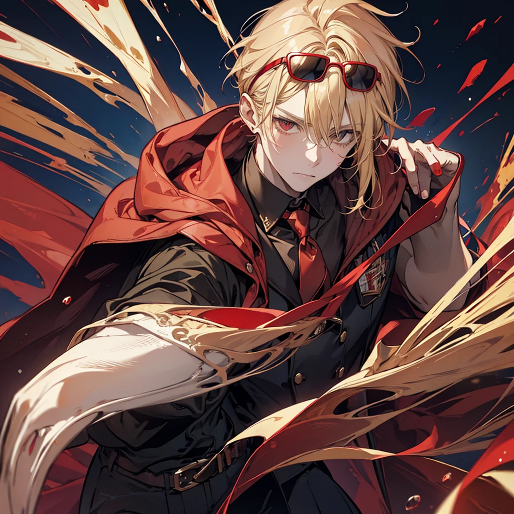 Man, red hoodie, tuxedo under hoodie, tie, blonde, cool, handsome, facing forward, red sunglasses, blonde