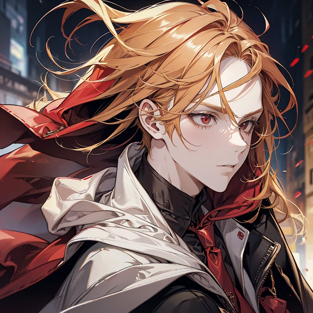 Man, red hoodie, tuxedo under hoodie, tie, blonde, cool, handsome, facing forward, red sunglasses, blonde