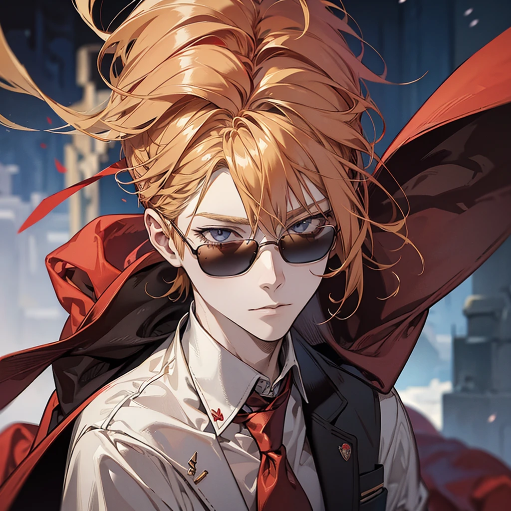Man, red hoodie, tuxedo under hoodie, tie, blonde, cool, handsome, facing forward, red sunglasses, blonde
