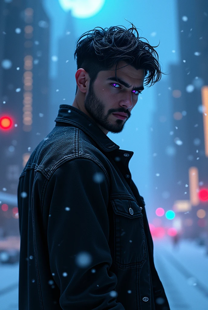 (Realistic) (Serious expression) (Pose with back to image, looking back) 1 young adult man with dark purple glowing eyes pupil, broad shoulders, messy black hair parted in the middle and short beard. Wearing an open black denim jacket, a black shirt underneath. In a futuristic city at night with heavy snowfall and blue moonlight.