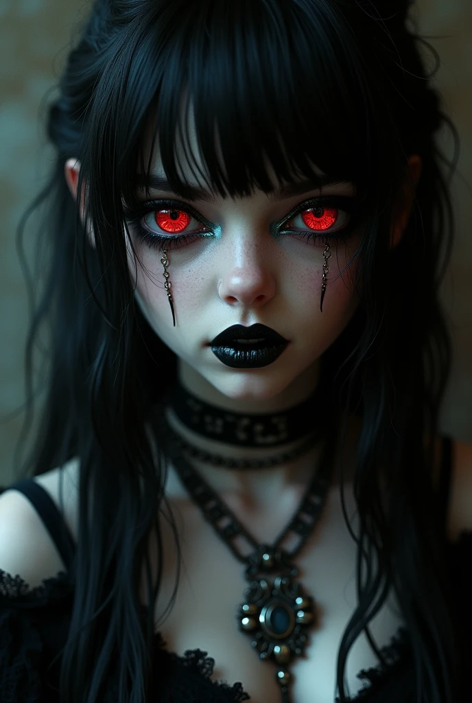Goth girl 1girl, solo, long hair, looking at viewer, red eyes, jewelry, necklace, makeup, lipstick, black background, portrait, glowing eyes, by vergvoktre, dramatic, gritty, intense, distorted face, nightmare, intricate details, hyperdetailed, cinematic, dark shot, film grainy, soothing tones, muted colors, technicolor BREAK outdoors, twilight, raytracing BREAK d4rk4rt artstyle, monochrome, greyscale, pixel