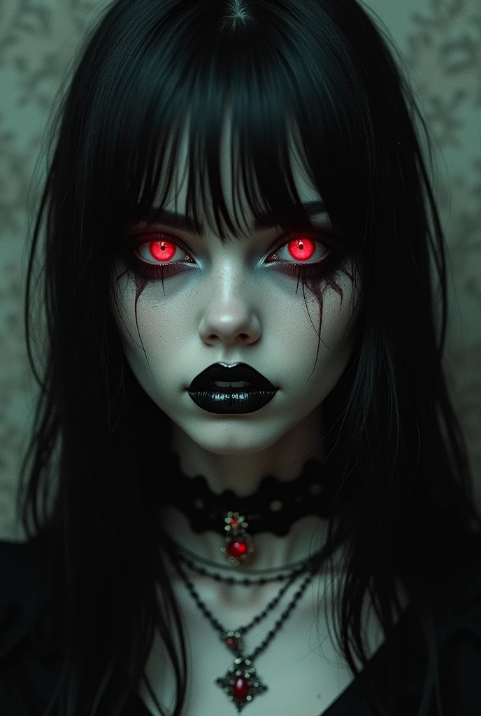 Goth girl 1girl, solo, long hair, looking at viewer, red eyes, jewelry, necklace, makeup, lipstick, black background, portrait, glowing eyes, by vergvoktre, dramatic, gritty, intense, distorted face, nightmare, intricate details, hyperdetailed, cinematic, dark shot, film grainy, soothing tones, muted colors, technicolor BREAK outdoors, twilight, raytracing BREAK d4rk4rt artstyle, monochrome, greyscale, pixel