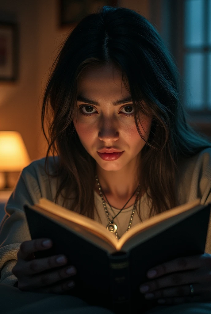 Person apparently with current characteristics reading a book about the werewolf legend and quite scared
