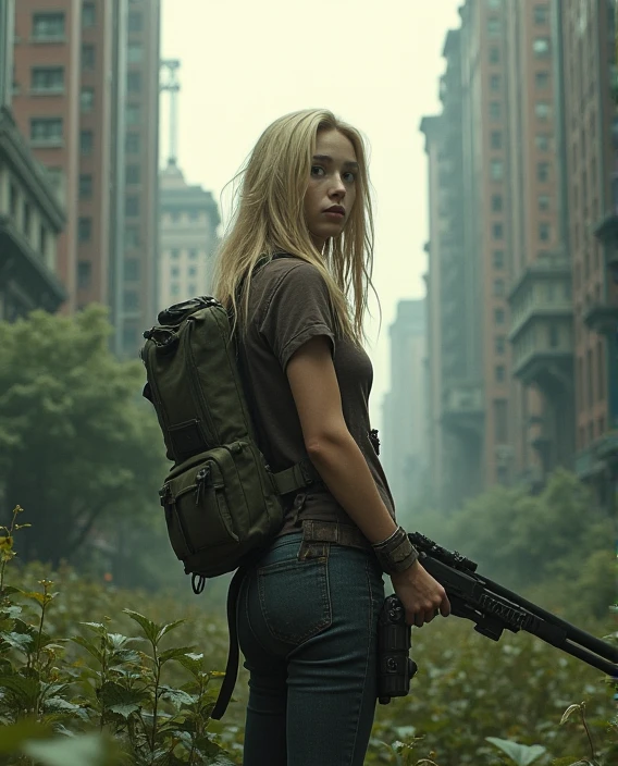 ((beautiful woman, 22 years old, a thin fit body blonde)), wearing apocalyptic clothes, Image of the city of NY NYC New York, post apocalypse the same image but without people, overgrowth foliage trees, carrying a 3006-hunting rife with scope,
