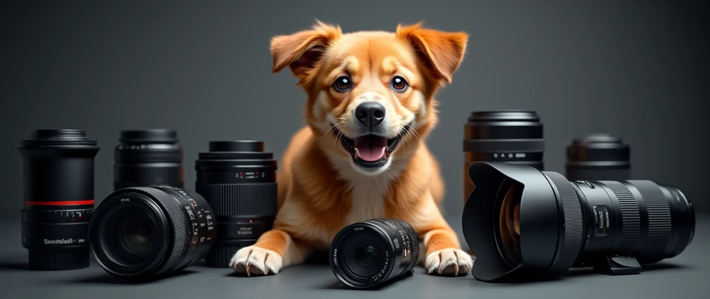 Create a highly realistic image of a dog surrounded by professional cameras and lenses. The dog should appear curious or playful, as if it is interacting with the equipment. Ensure cameras and lenses are detailed and recognizable, emphasizing the subject of the photograph. The overall image should be visually striking, with the dog as the focal point, conveying a sense of creativity and professionalism