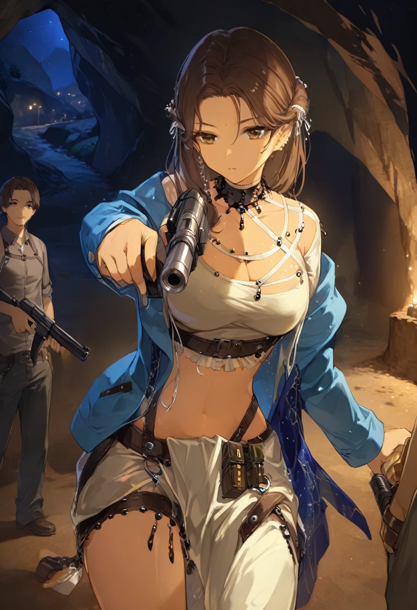 1girl, brown hair, brown eyes, fully clothed, guns with straps, deep inside cave dark, nighttime, mans arm giving her gun ammo, holding ammo from 1guy hand reaching out for girl on screen, no others people in background 
