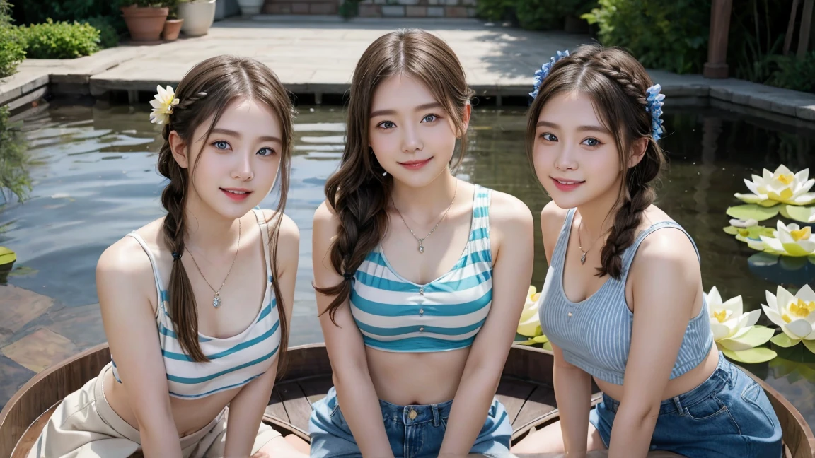 (3 girls), young faceอินโดนีเซีย, smile, white skin, Round breast, blue eyes,Heart braid, skirt, random striped tank top, masterpiece, Highest quality, 8ก, beautiful girl, young face、 photography, Cute face, thigh,In the summer meadow,、รอยsmile、((((((12 years))))))、small waist,blue eyes(((big breasts:1.1)))