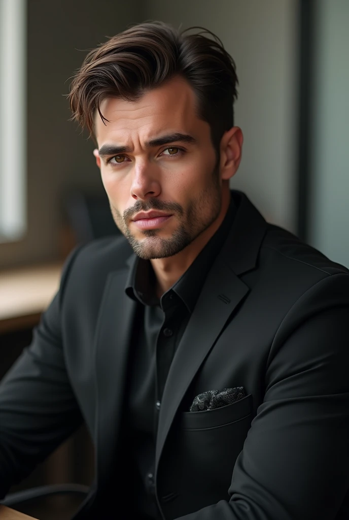 (photorealism:1.2), beautiful man , sitting on a chair office , ,r realistic , brown eyes, imprenditrice , tailleour black