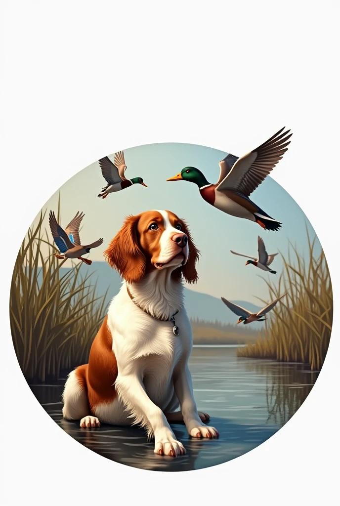I would like a logo to be made in a circle with a Brittany spaniel looking at several types of European species ducks flying away from a water marsh