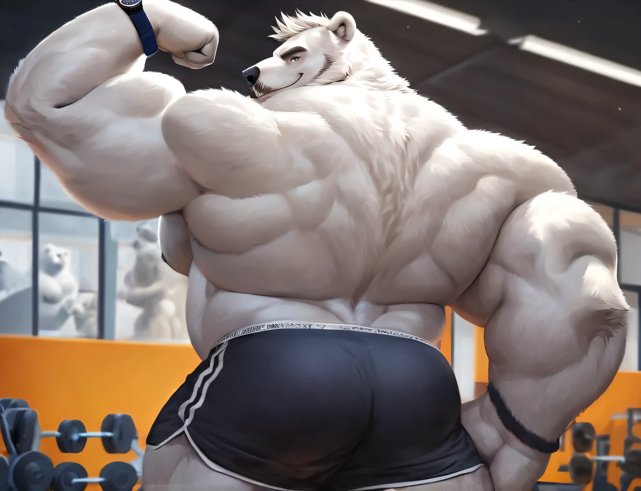 huge muscular polar bear Dad in big Gym, big smirk, polar bear, huge white fur, thick arm, huge arm, bearded. Short white hair and white beard, white mustache, bearded white, (muscular, pectoral, wide pectoral, thick arms), HEIGHT: 220CM, WEIGHT: 200kg (440 lbs),correct anatomy, gym, posing, realistic, added grayish eyebrows, detailed eyes, 8k, masterpiece, (wearing black shorts, wristband, watch and shirtless), flexing on the backside wide