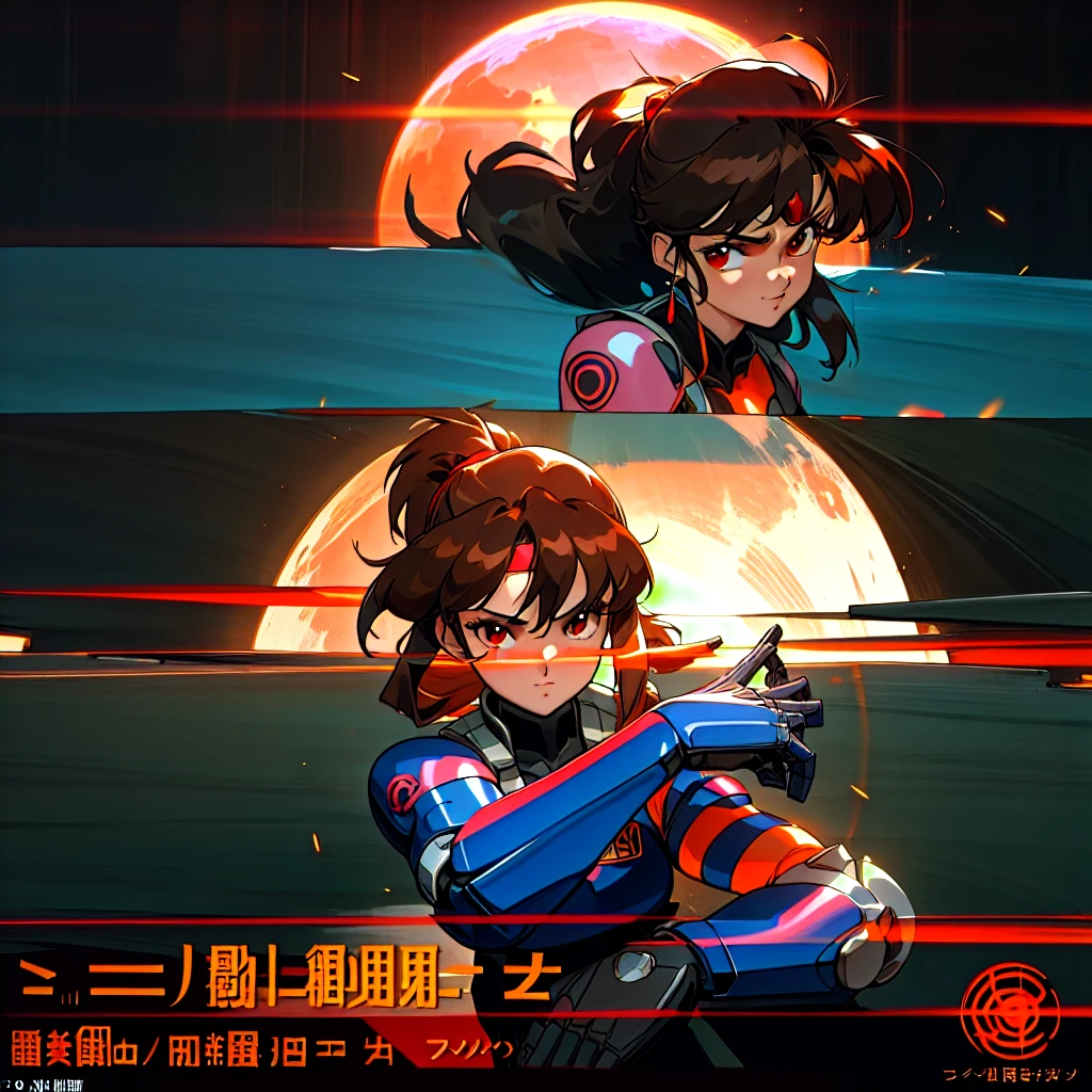 Kenichi Sonoda, retro art-style, bubblegum crisis, Sci-fi, Cyberpunk, Neon, Dystopia, (On a full moon night, on the rooftop of a high-rise building, a figure is seen wearing a metal hard suit that covers the whole body from head to toe. It is made up of curved surfaces that give it a feminine bodyline.),(Set in the near future of Mega Tokyo in the year 2032, the story depicts the exploits of beautiful girls who are the Knight Sabers, the shadow executioners.), 1girl, solo, 18yo, anime beauty, Cool beauty, Unparalleled beauty, Brown medium length hair, red eyes, dark blue metal hard suit with orange lines, fearless look, smile, fighting stance, (attack, punching at viewer), close-up photography of upper body, Depth of field, character focus, (masterpiece, anime cg, official art, work of art, Award-winning work, extreme quality, ultra high definition, all intricate, overall detailed, finely detailed, super detailed, very aesthetic, boast pompously, focus on entire screen, asymmetrical, raytraced, caustics, textile shading, incredibly absurd resolution, absolutely resolution, ultra high resolution, professional, vivid colors, perfect , ideal facial features, beautiful detailed face, ideally proportioned figure, perfectly beautiful body),
