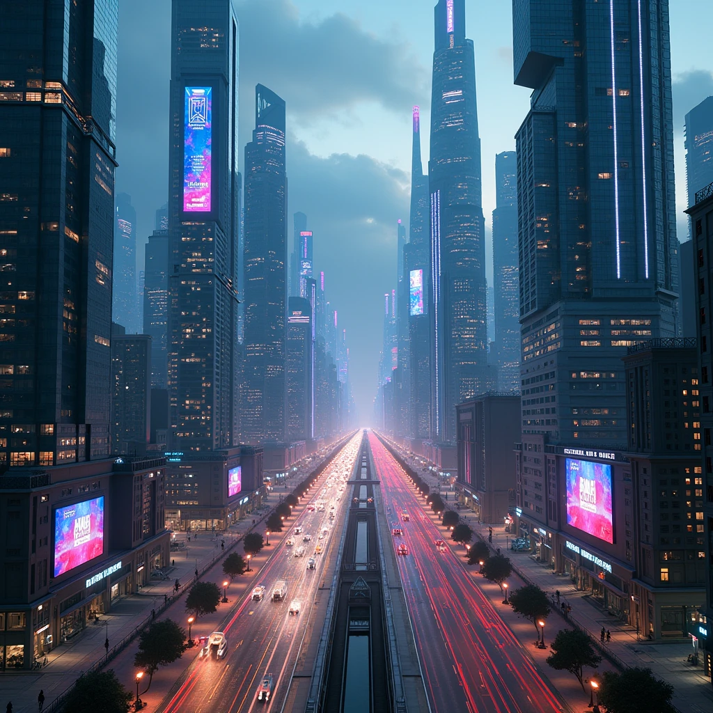 Cinematic, photorealistic, high budget sci-fi movie. A sweeping aerial shot of the mega-city Avalon. The camera moves smoothly over the futuristic skyline, showcasing the towering skyscrapers with their shimmering glass facades. The city is bathed in a sea of neon lights, with holographic advertisements projected onto the buildings.