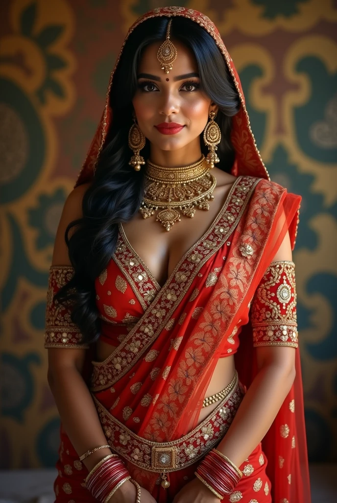 a woman in a sari posing for a picture, indian goddess, traditional beauty, indian, beautiful goddess, ornate cosplay, indian style, indian super model, beautiful maiden, gorgeous woman, south east asian with long, provocative indian, gorgeous beautiful woman, intricate outfit, hindu aesthetic, beautiful asian girl, extremely detailed goddess shot, jaw-dropping beauty, big boobs deep cleavage sexy navel, big deep cleavage, sexy indian women, massive in sexy bikni fusion full body