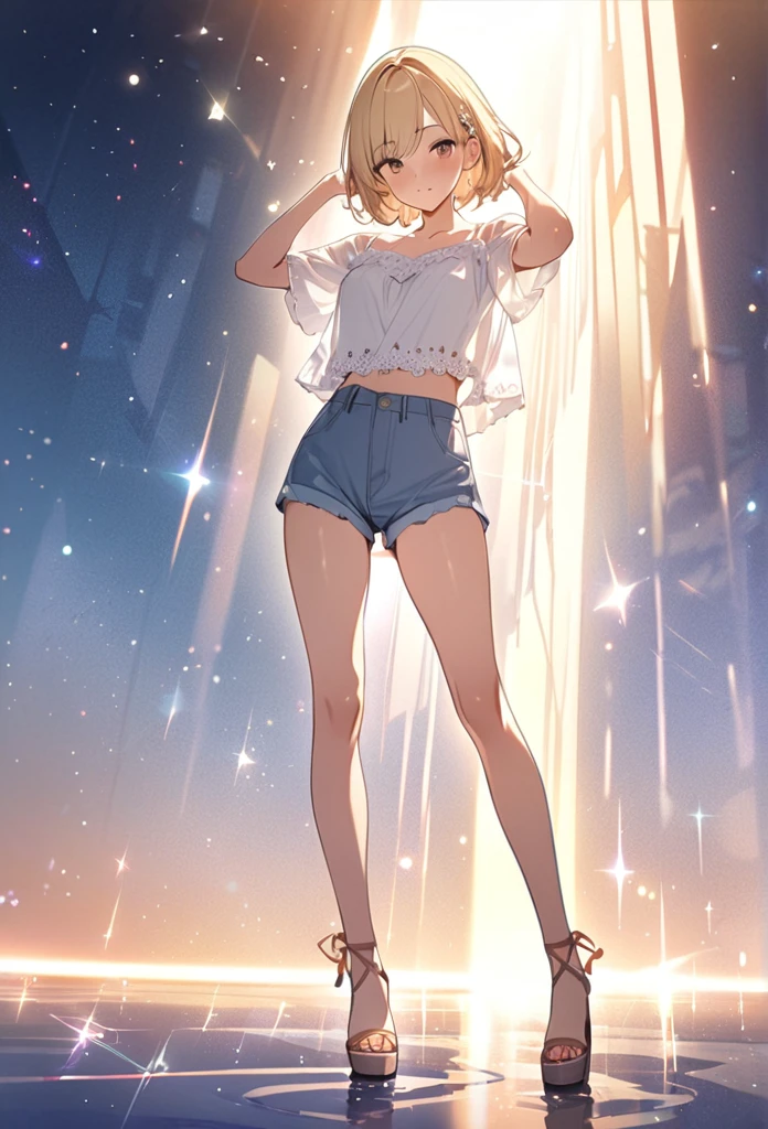 ((masterpiece)),(((Highest quality))),Thin thighs,Long legs,whole body:1.5，(One Girl:1.3),(More beautiful casual summer outfits：1.3),(Wearing light casual clothes:1.2),Short Blonde:1.2、Model pose，Gravure idol、
、flowerpunk、Sparkling light particles、Vivid gradient effect