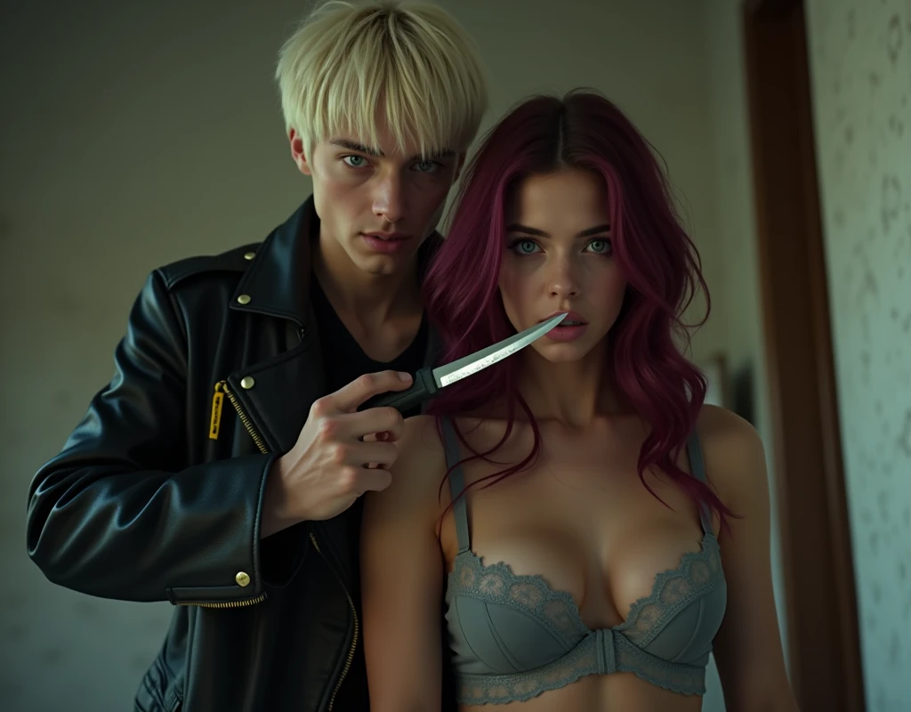 181 cm tall, 22-year-old boyish male, lean figure, short platinum blond layered hair with side swept bangs, blue eyes, Germanic-Icelandic features, tight black pants, black leather jacket with yellow accents, evil amused expression, stands behind holding k-bar knife, the blade along the neck of a 24-year-old woman 170cm tall, has a fearful expression wearing a grey lacy push-up bra and black pants with vibrant maroon side parted wavy hair and light skin, photorealistic, cinematic